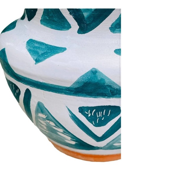 Teal and White Pottery Vase with Geometric Pattern - Picture 8 of 12
